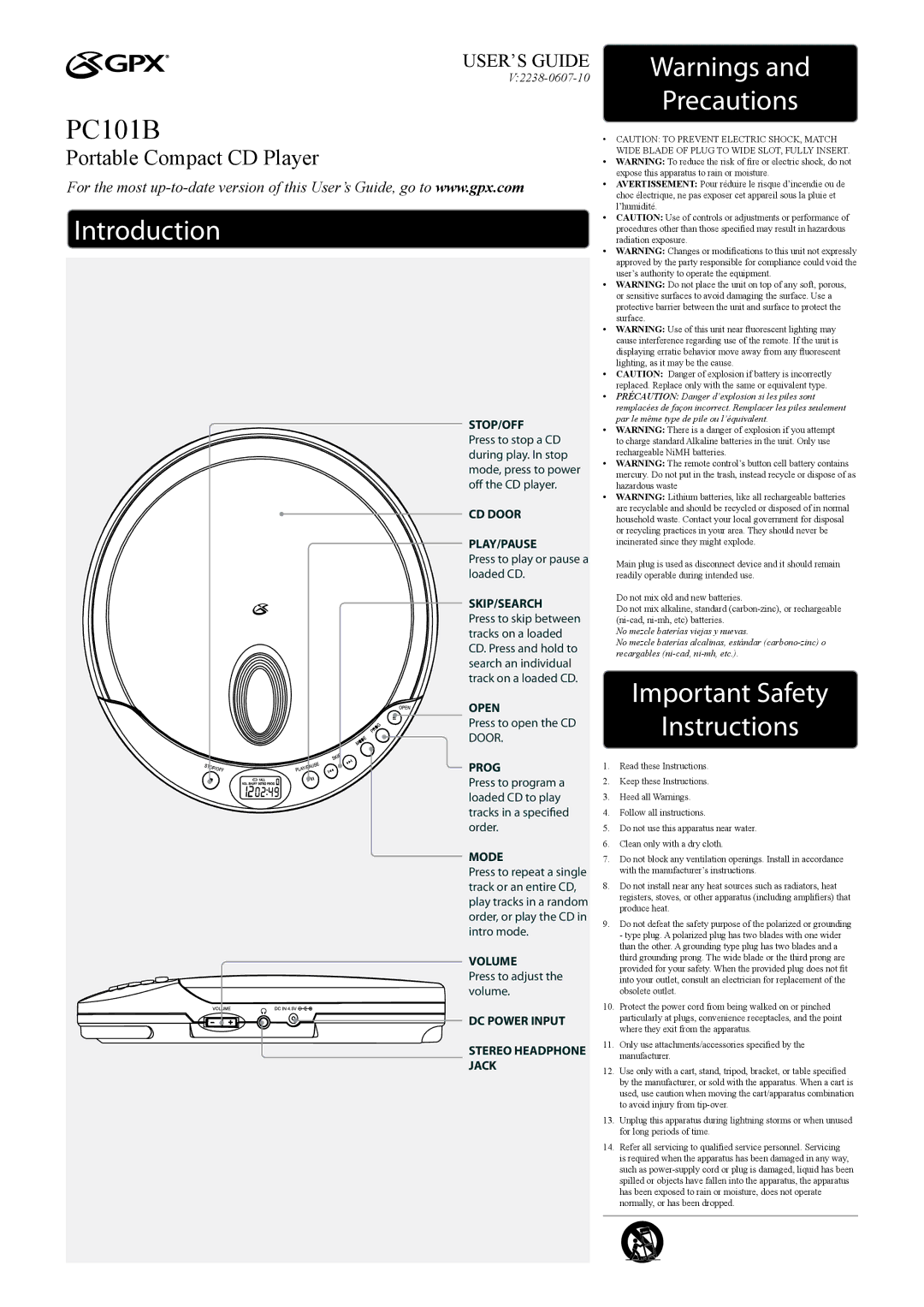 GPX PC101B important safety instructions Introduction, Precautions, Important Safety Instructions 