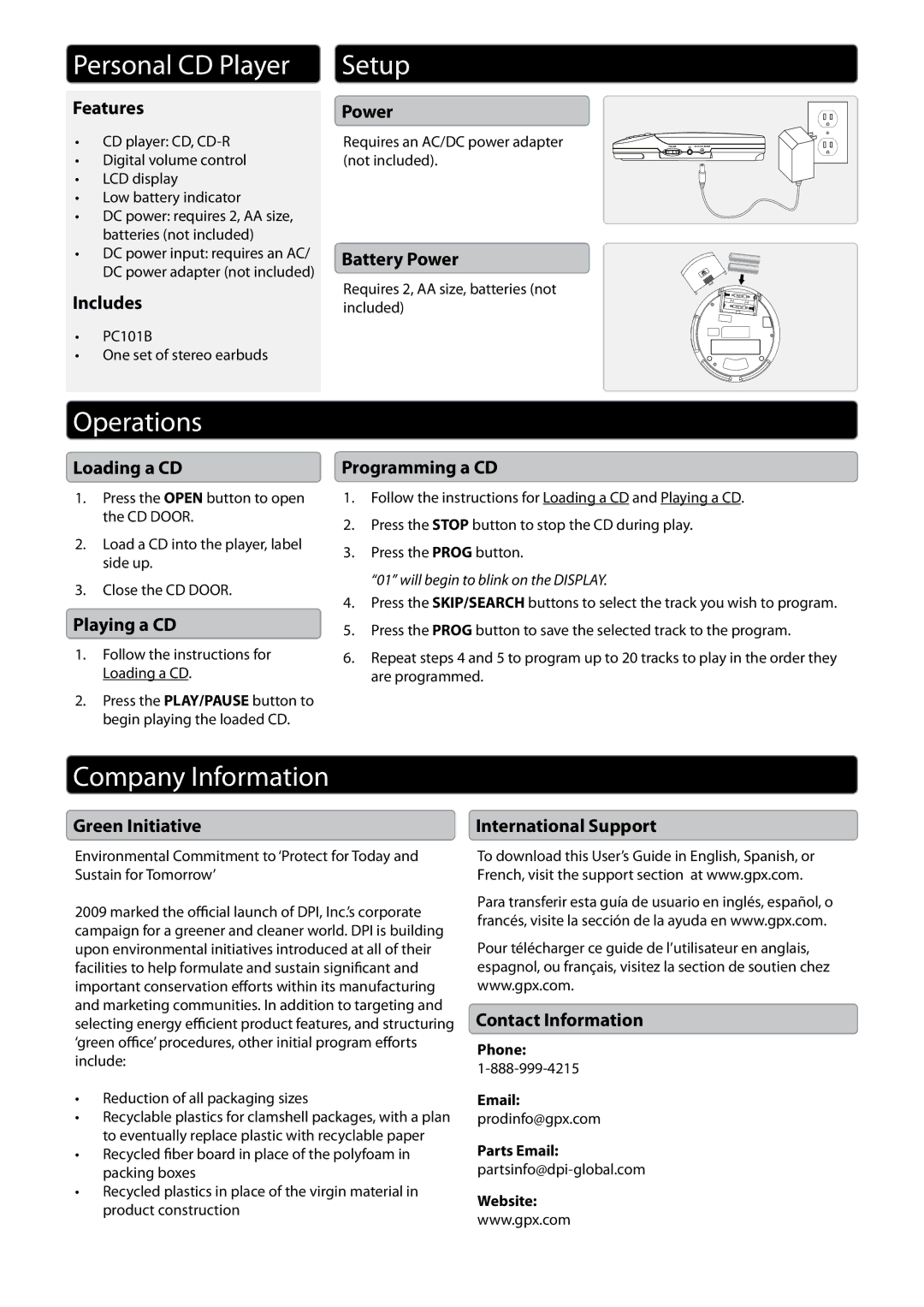 GPX PC101B important safety instructions Personal CD Player, Setup, Operations, Company Information 