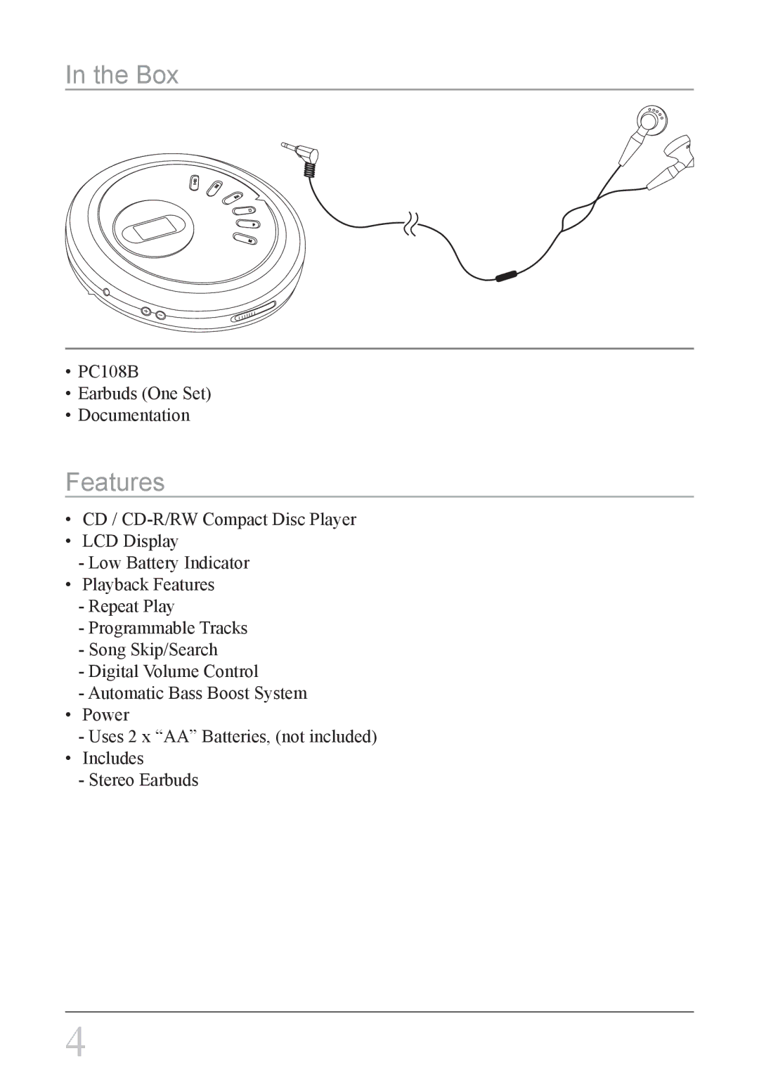 GPX PC108B instruction manual Box, Features 