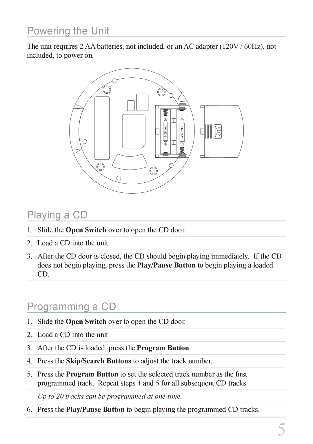 GPX PC108B instruction manual Powering the Unit, Playing a CD, Programming a CD 