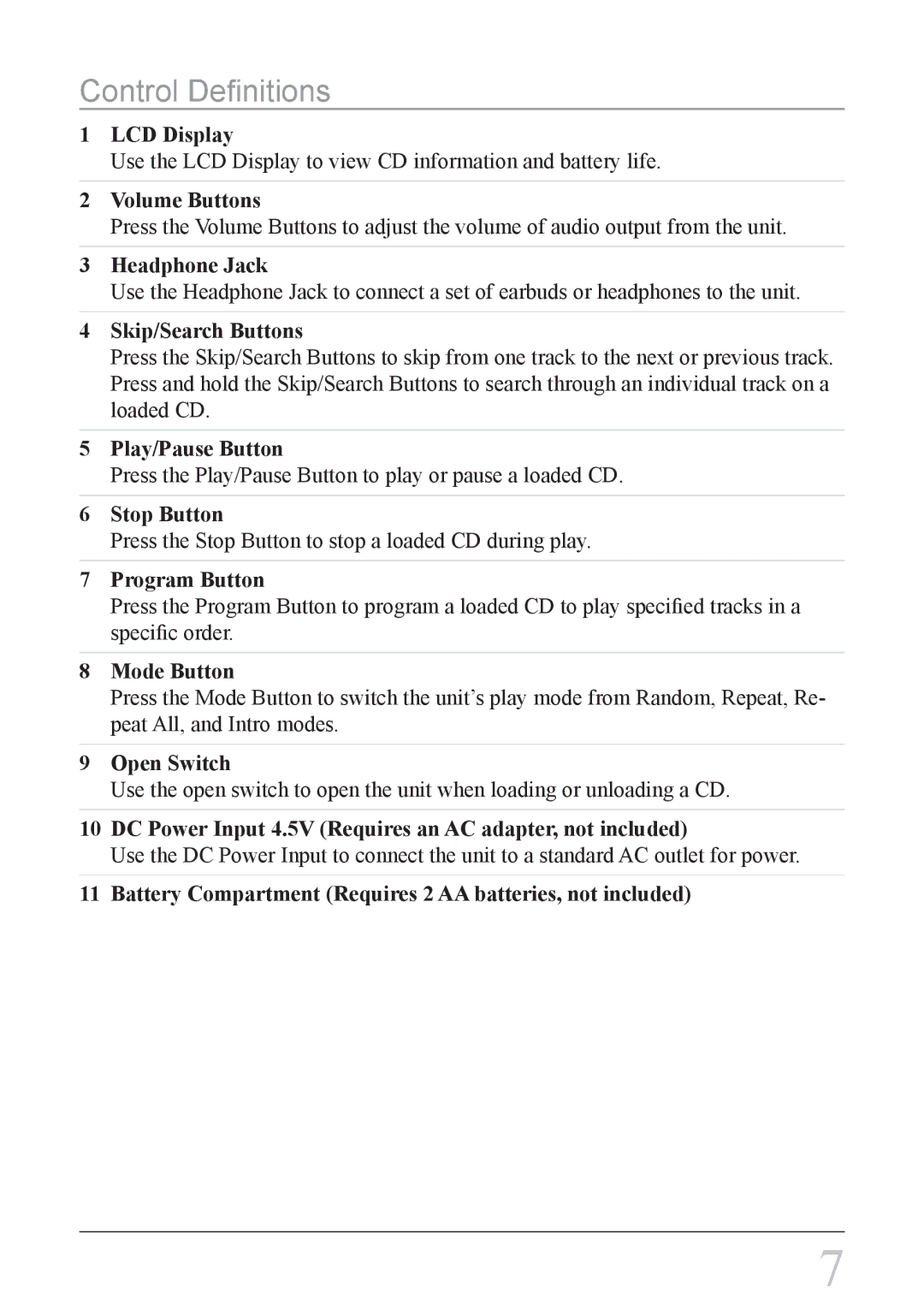 GPX PC108B instruction manual Control Definitions, Skip/Search Buttons 