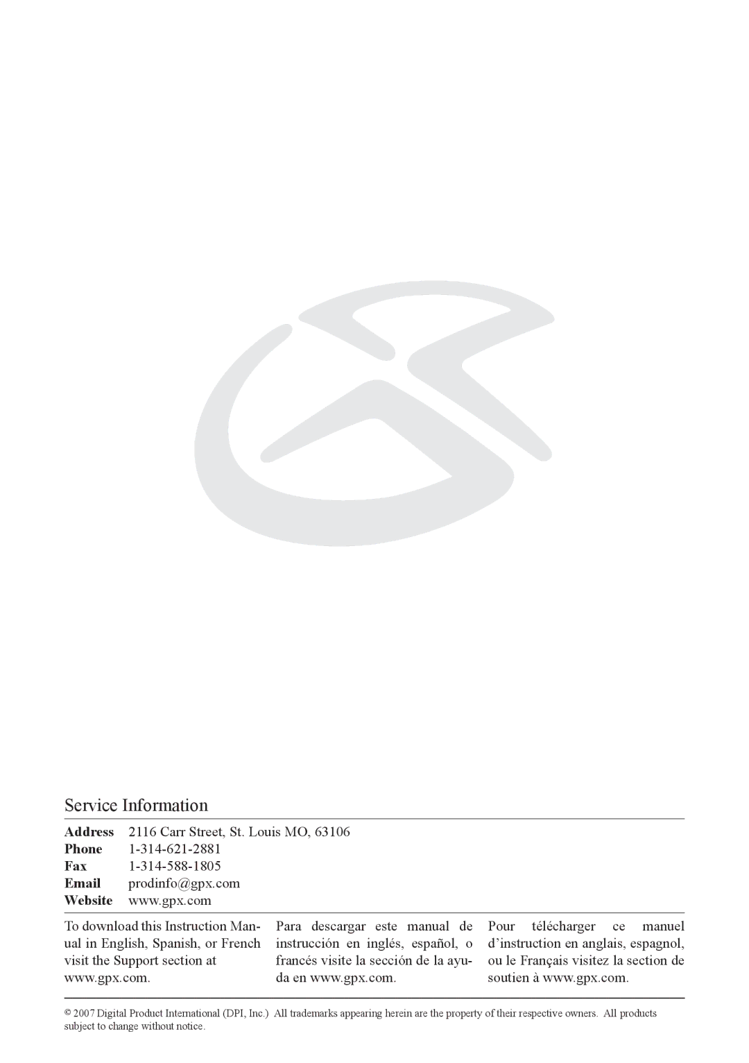 GPX PC108B instruction manual Service Information 