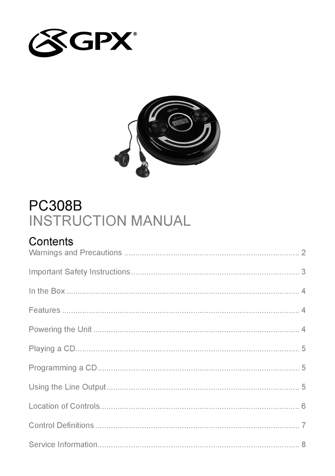 GPX PC308B important safety instructions Contents 