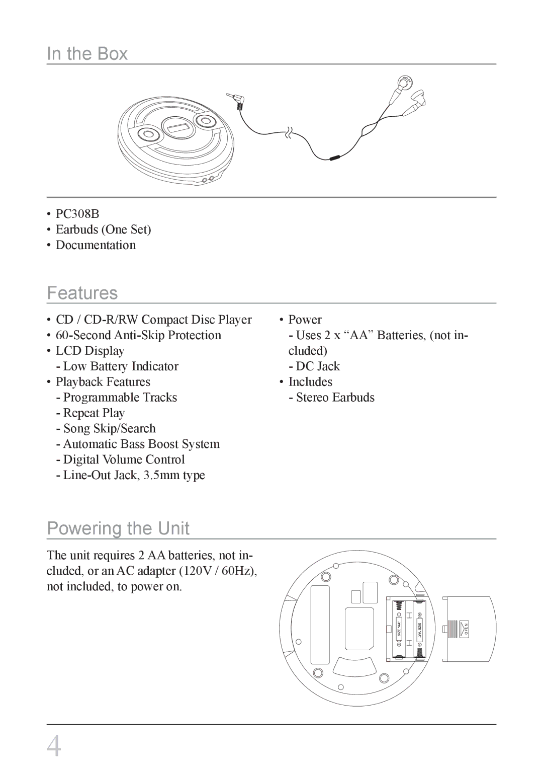 GPX PC308B important safety instructions Box, Features, Powering the Unit 