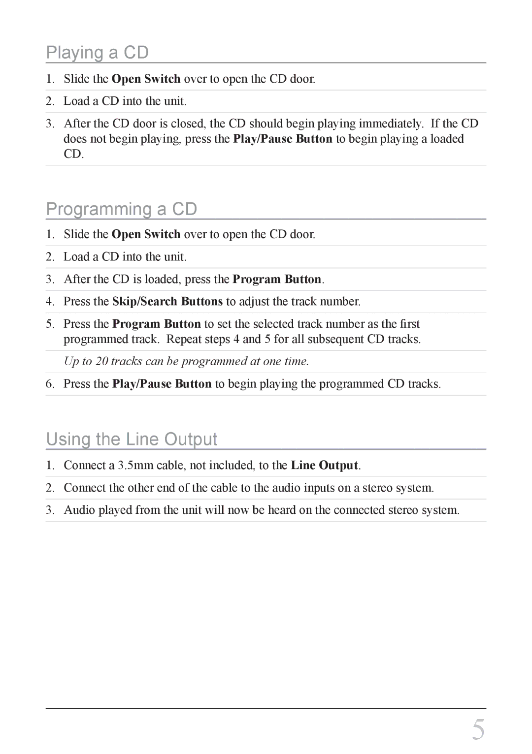 GPX PC308B important safety instructions Playing a CD, Programming a CD, Using the Line Output 