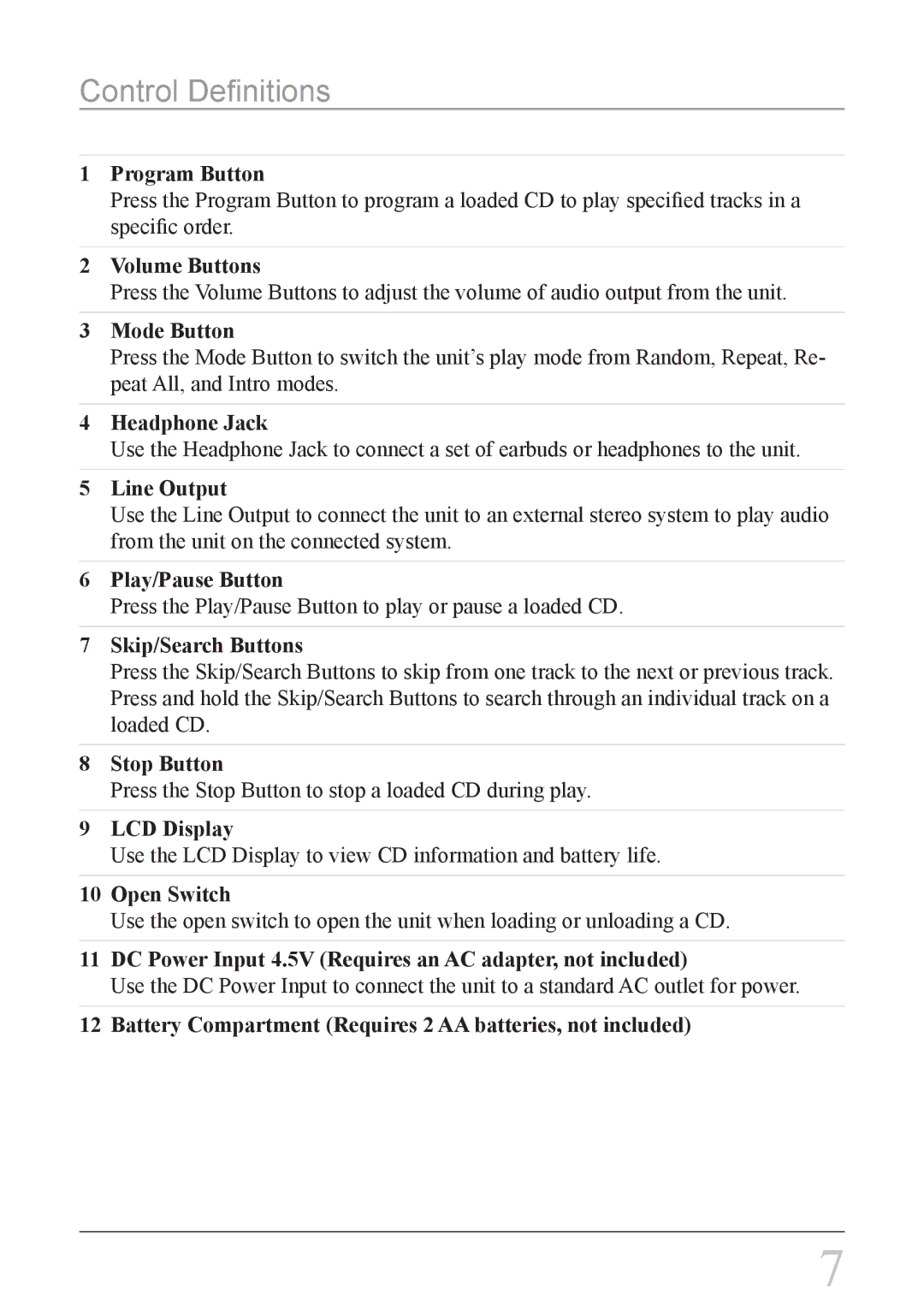 GPX PC308B important safety instructions Control Definitions, Program Button 