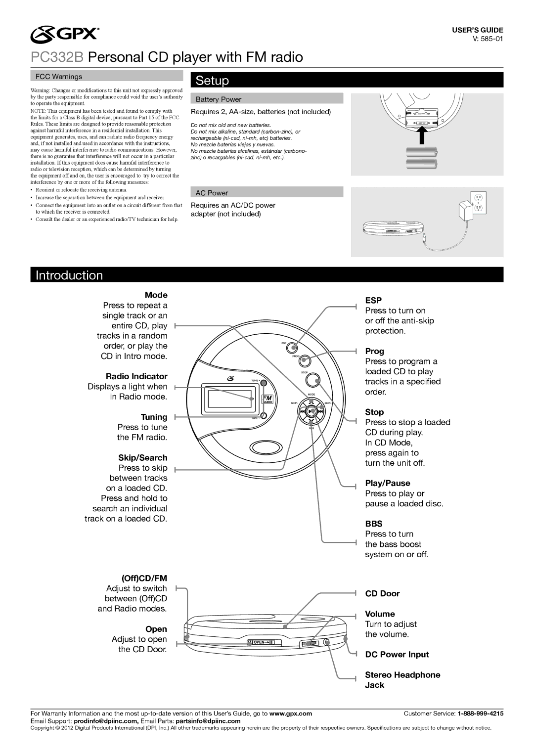 GPX PC332B warranty Setup, Introduction, Esp, Bbs 