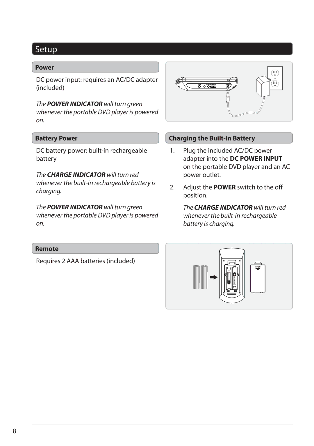 GPX PD701 manual Setup, Battery Power, Remote, Charging the Built-in Battery 