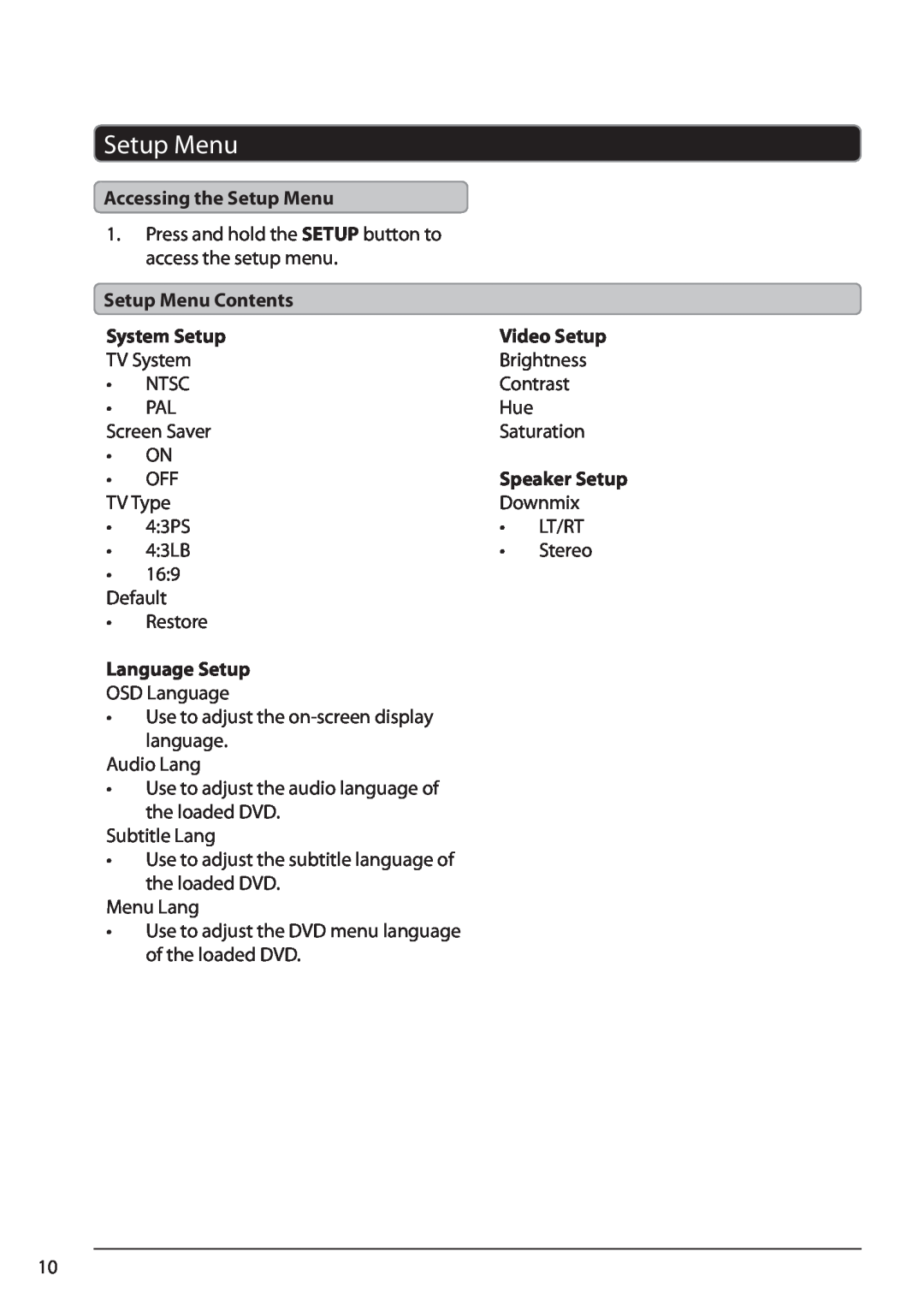 GPX PD701 manual Accessing the Setup Menu, Setup Menu Contents, System Setup, Language Setup 