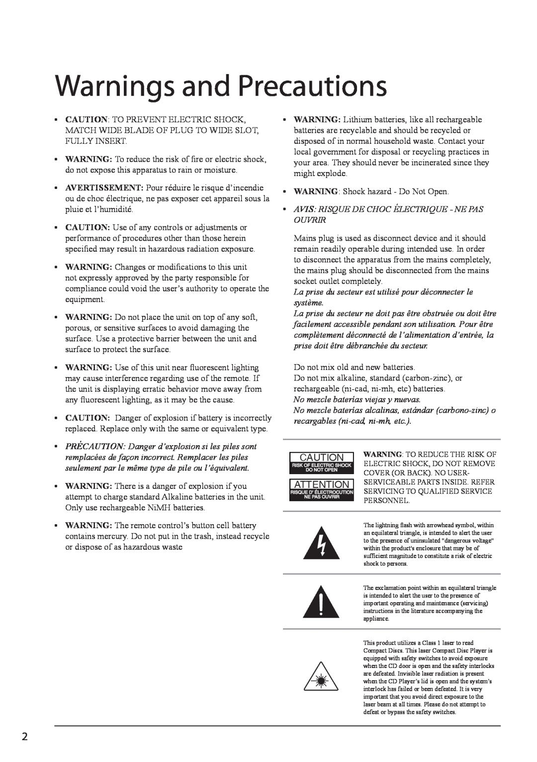 GPX PD701 Warnings and Precautions, Avis Risque De Choc Électrique - Ne Pas Ouvrir, No mezcle baterías viejas y nuevas 