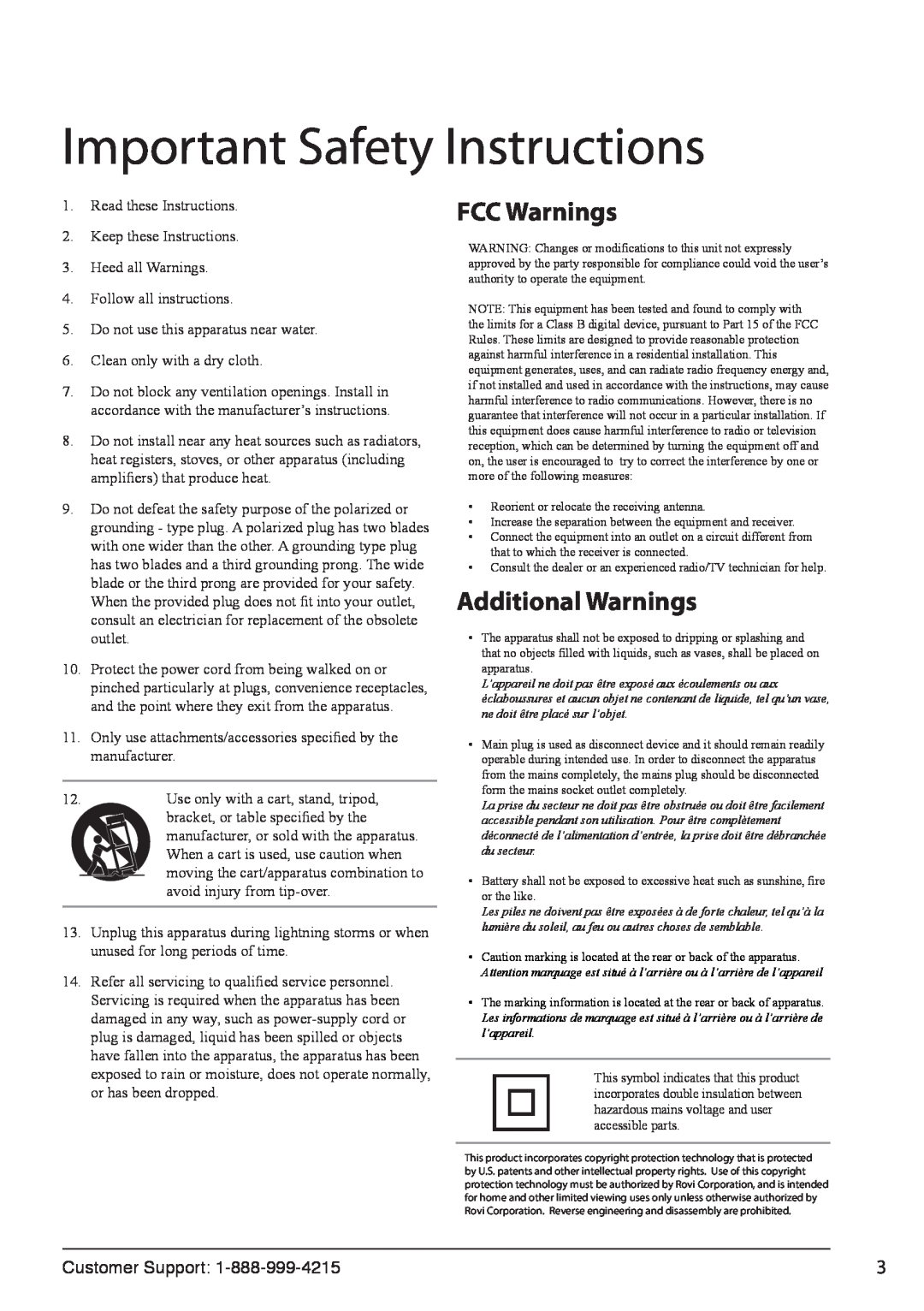 GPX PD701 manual Important Safety Instructions, FCC Warnings, Additional Warnings 