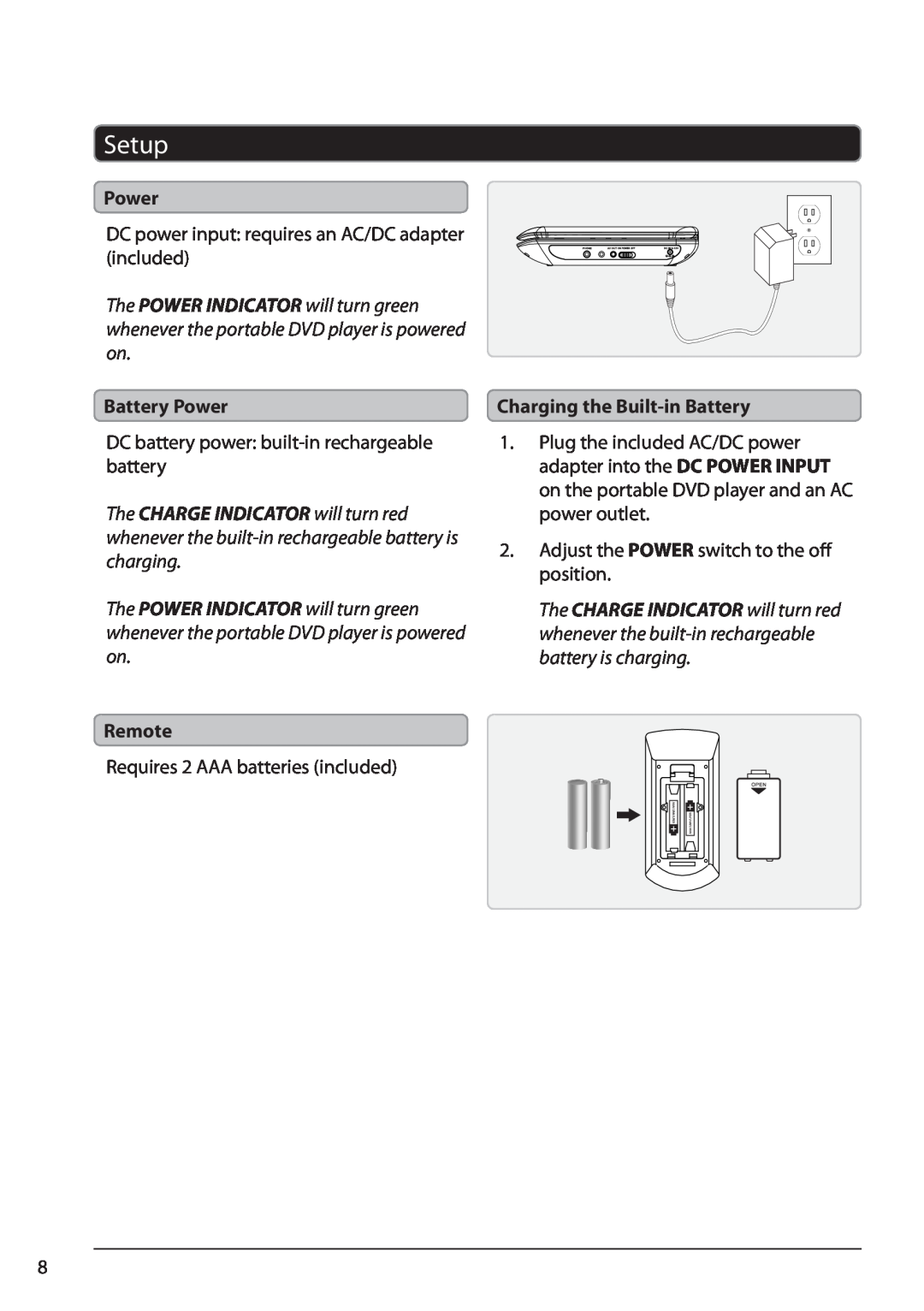 GPX PD701 manual Setup, Battery Power, Remote, Charging the Built-in Battery 
