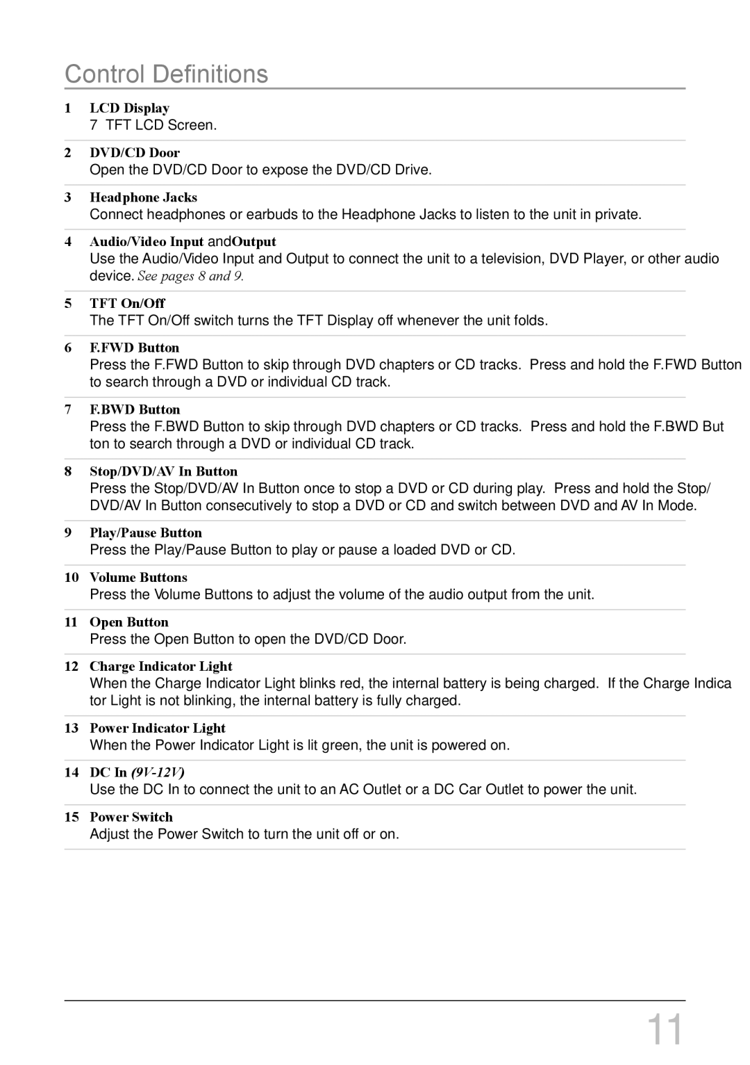 GPX PD708B important safety instructions Control Definitions 