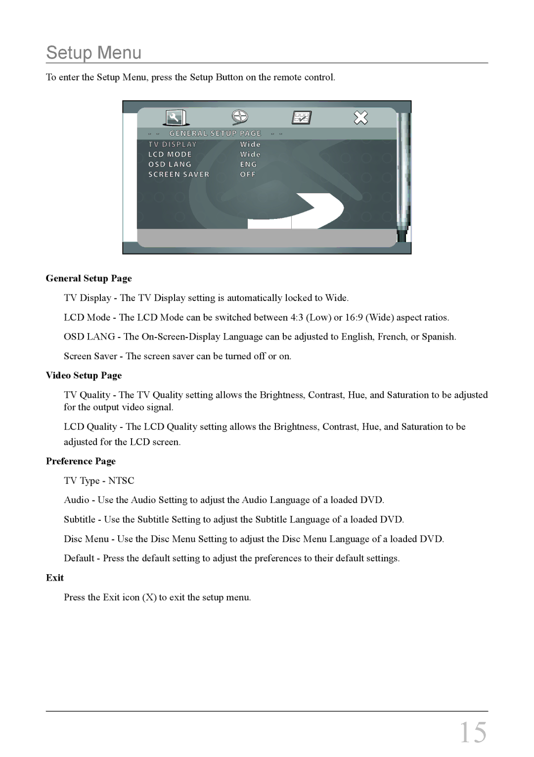 GPX PD708B important safety instructions Setup Menu, General Setup, Video Setup, Preference, Exit 