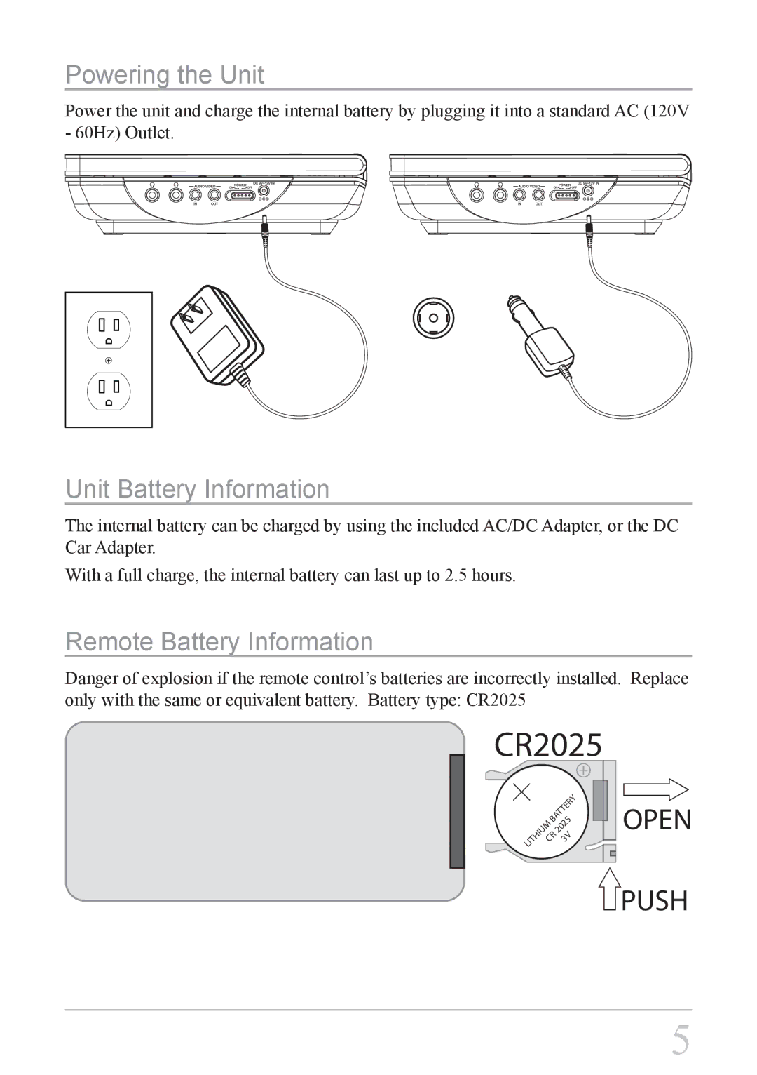 GPX PD708B important safety instructions Powering the Unit, Unit Battery Information, Remote Battery Information 