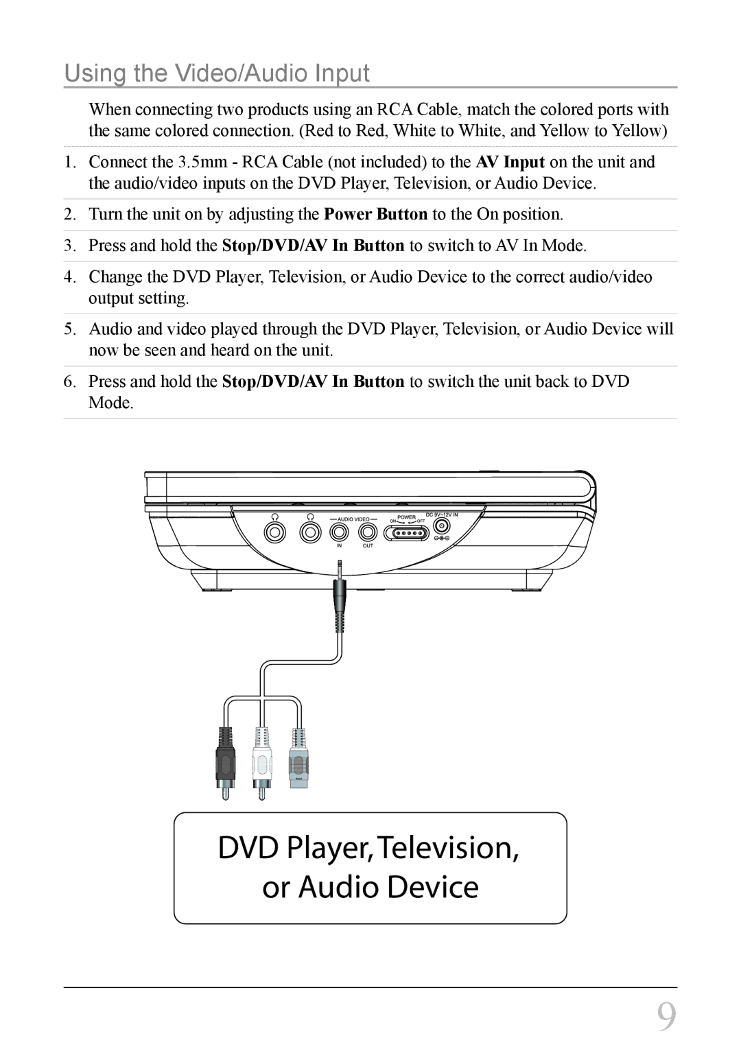 GPX PD708B important safety instructions DVD Player, Television, or Audio Device, Using the Video/Audio Input 