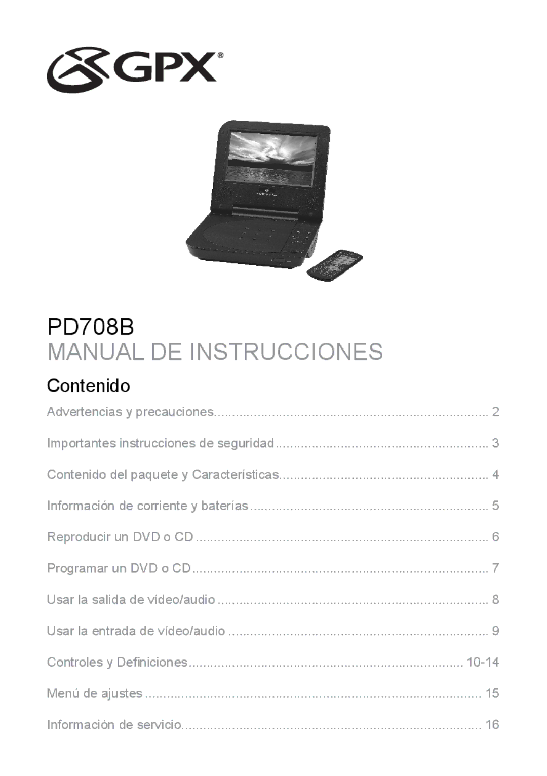 GPX PD708B manual Manual DE Instrucciones, Contenido 