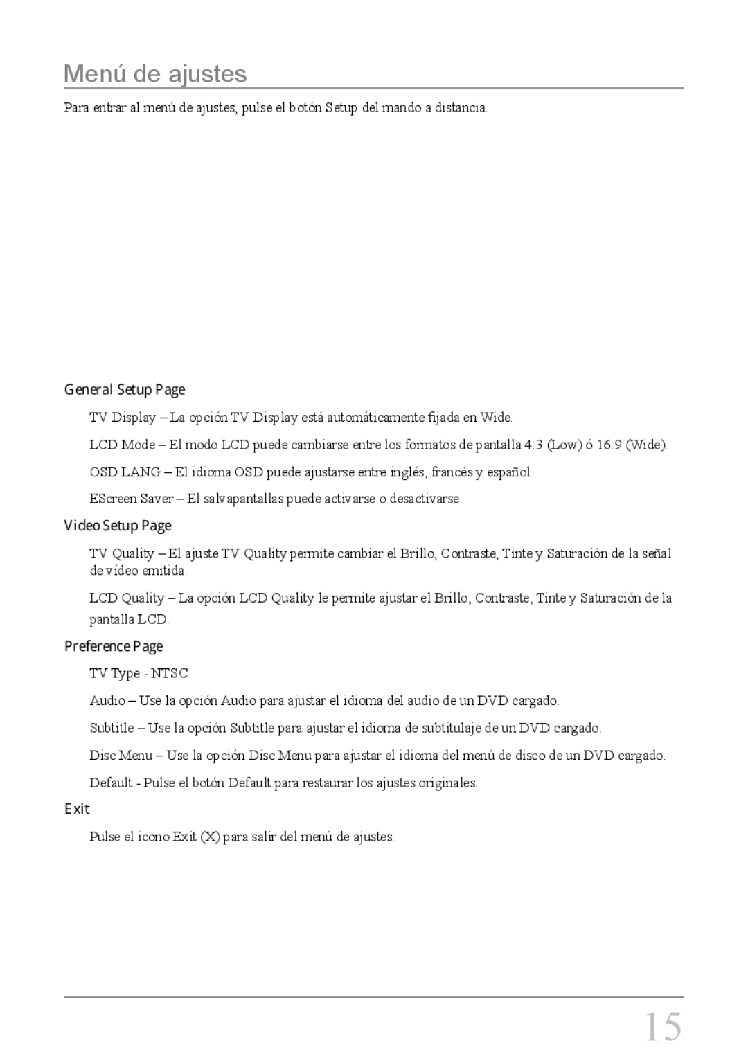 GPX PD708B manual Menú de ajustes, General Setup, Video Setup, Preference, Exit 