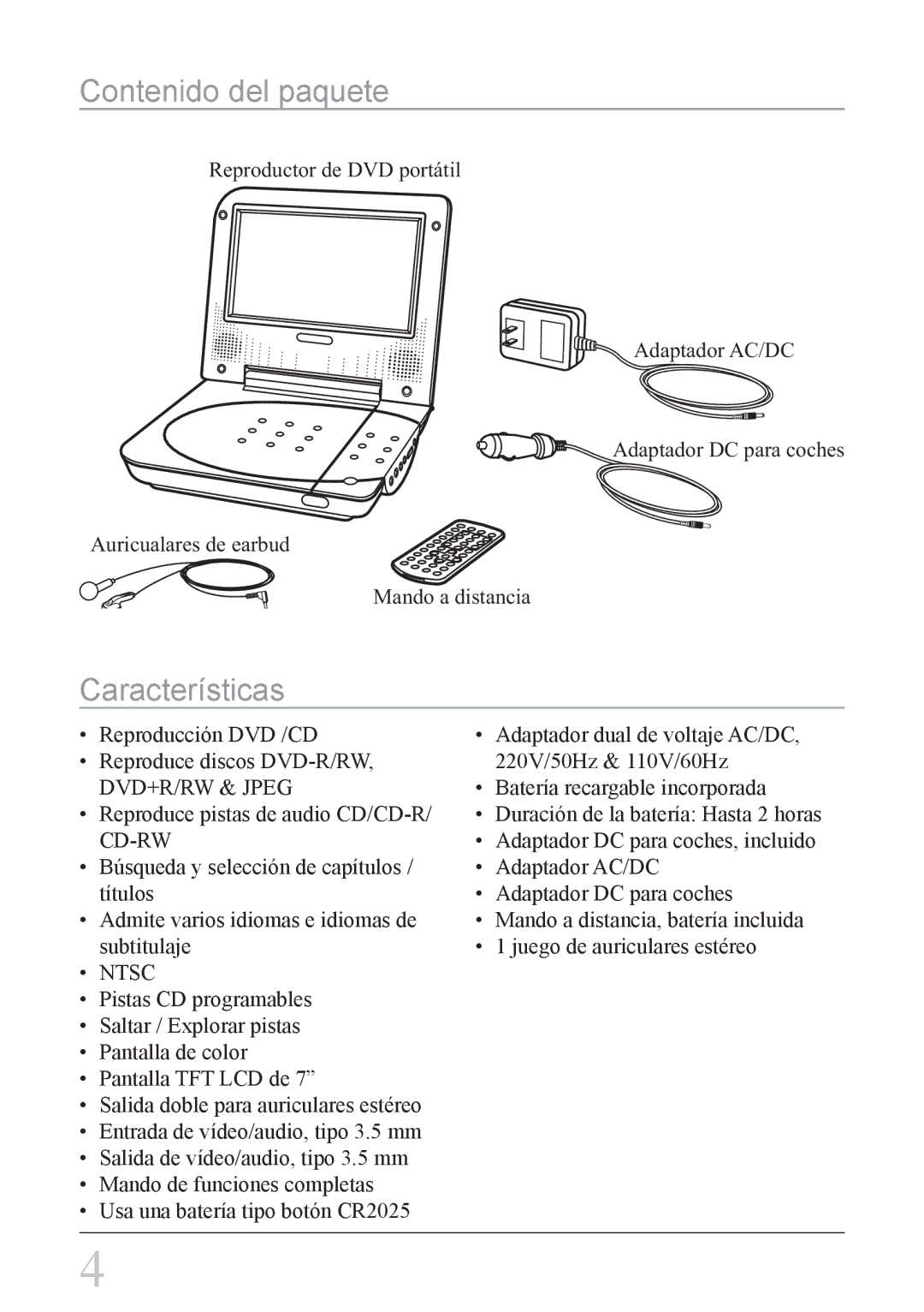 GPX PD708B manual Contenido del paquete, Características 