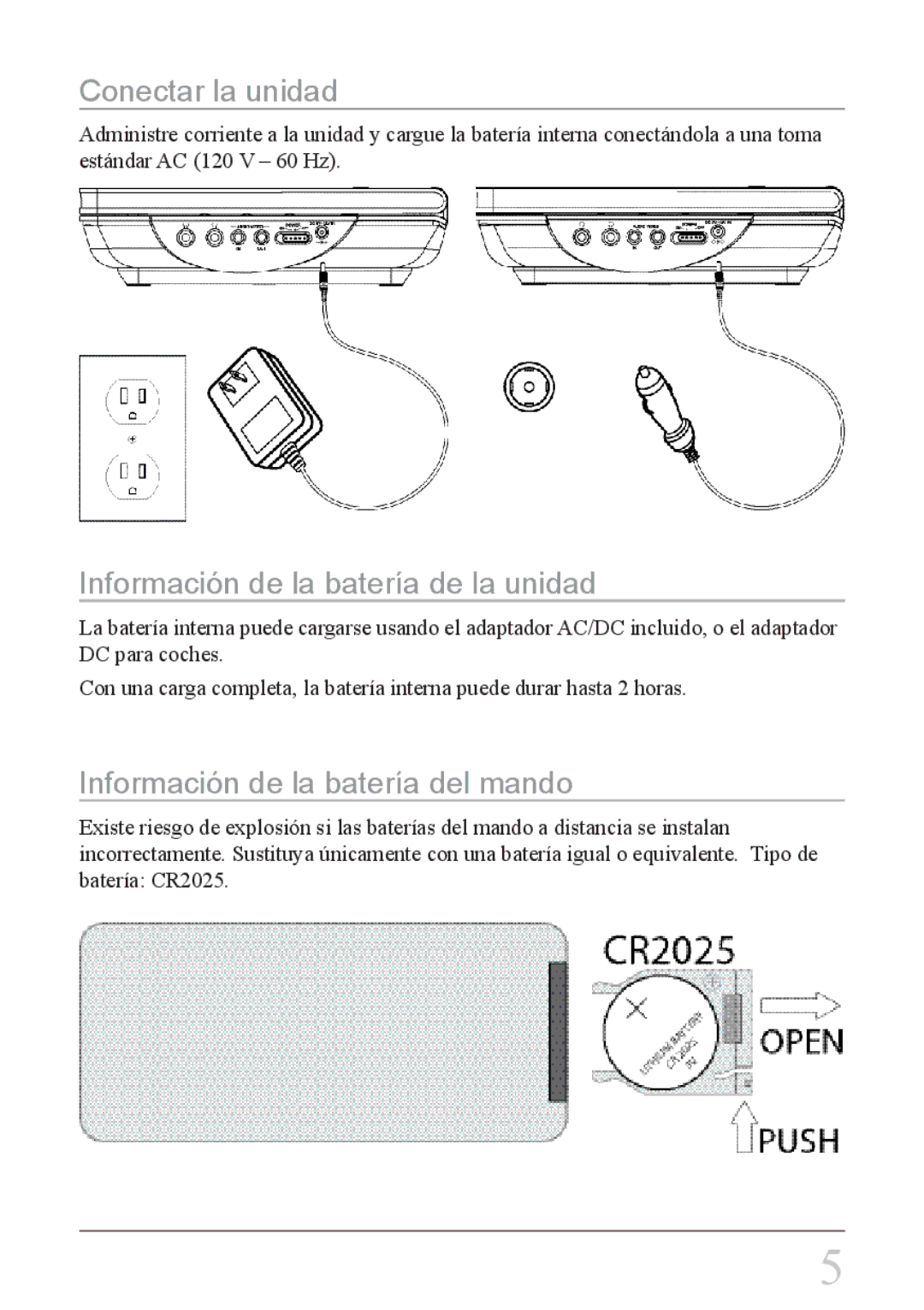 GPX PD708B manual Conectar la unidad, Información de la batería de la unidad, Información de la batería del mando 