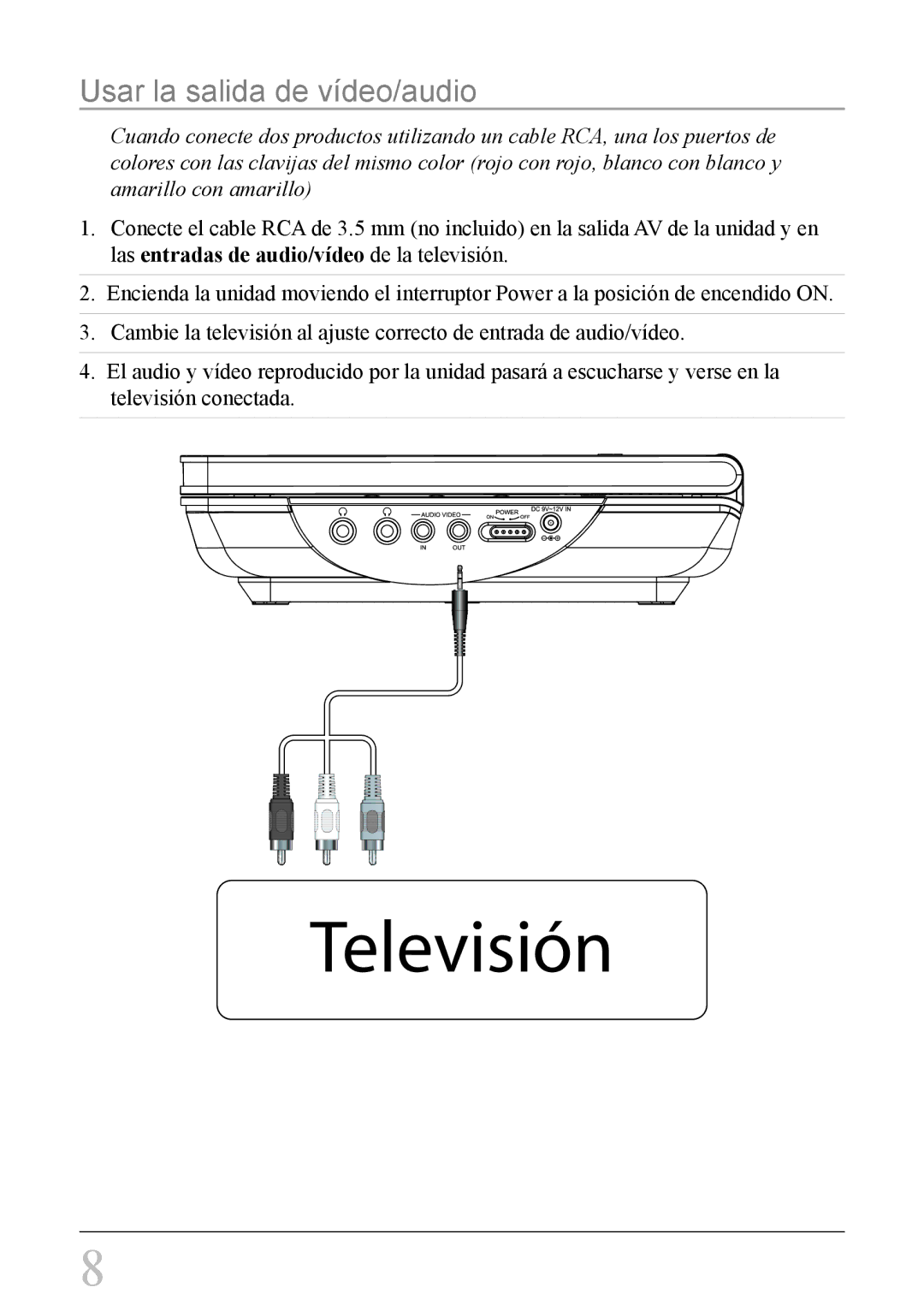 GPX PD708B manual Televisión, Usar la salida de vídeo/audio 