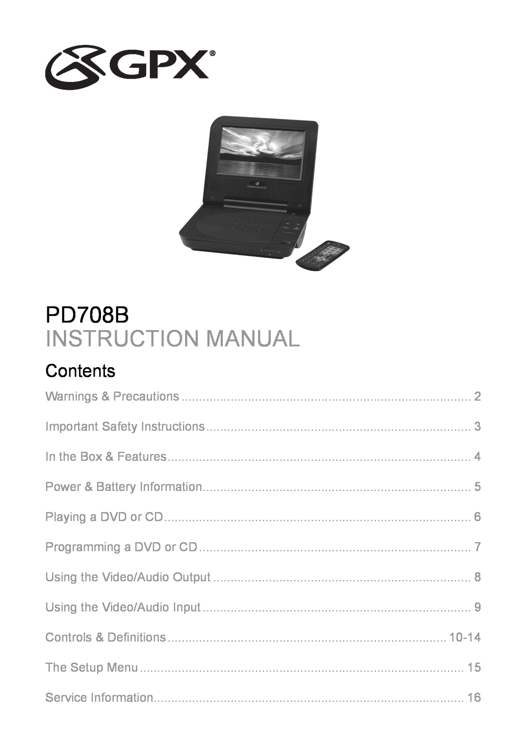 GPX PD708B important safety instructions Contents, 10-14 