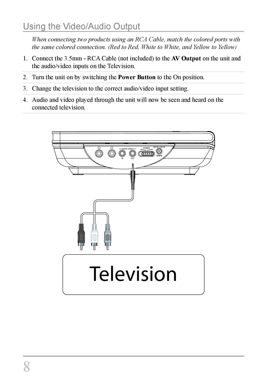 GPX PD708B important safety instructions Using the Video/Audio Output, Television 