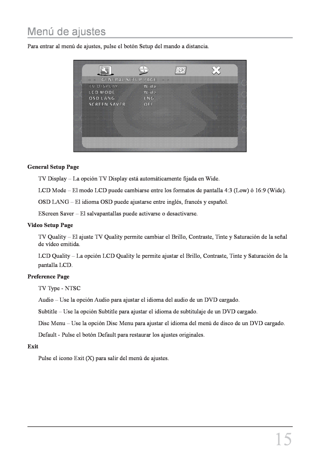 GPX PD708B manual Menú de ajustes, General Setup Page, Video Setup Page, Preference Page, Exit 