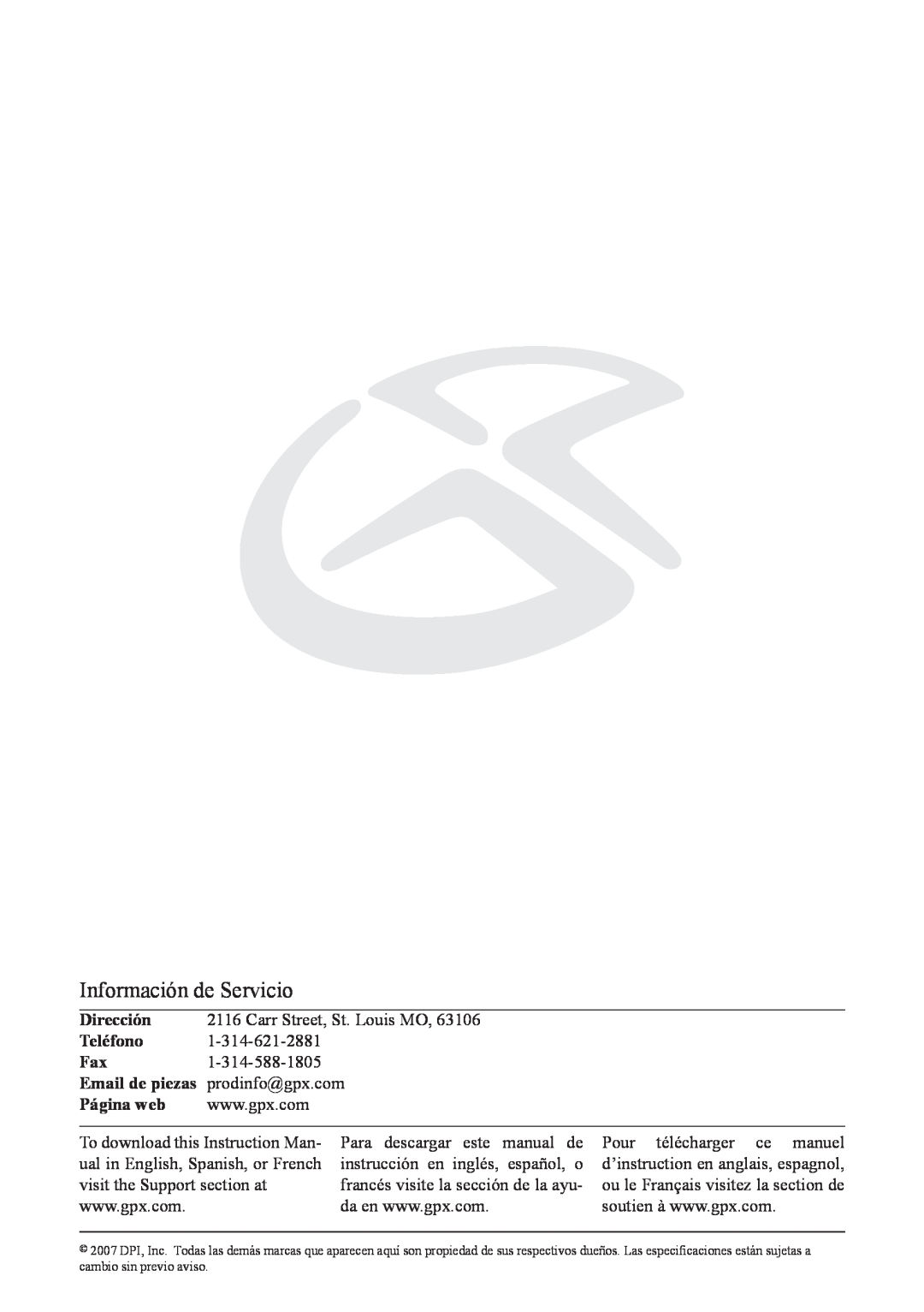 GPX PD708B manual Información de Servicio, Dirección, Teléfono, Página web 