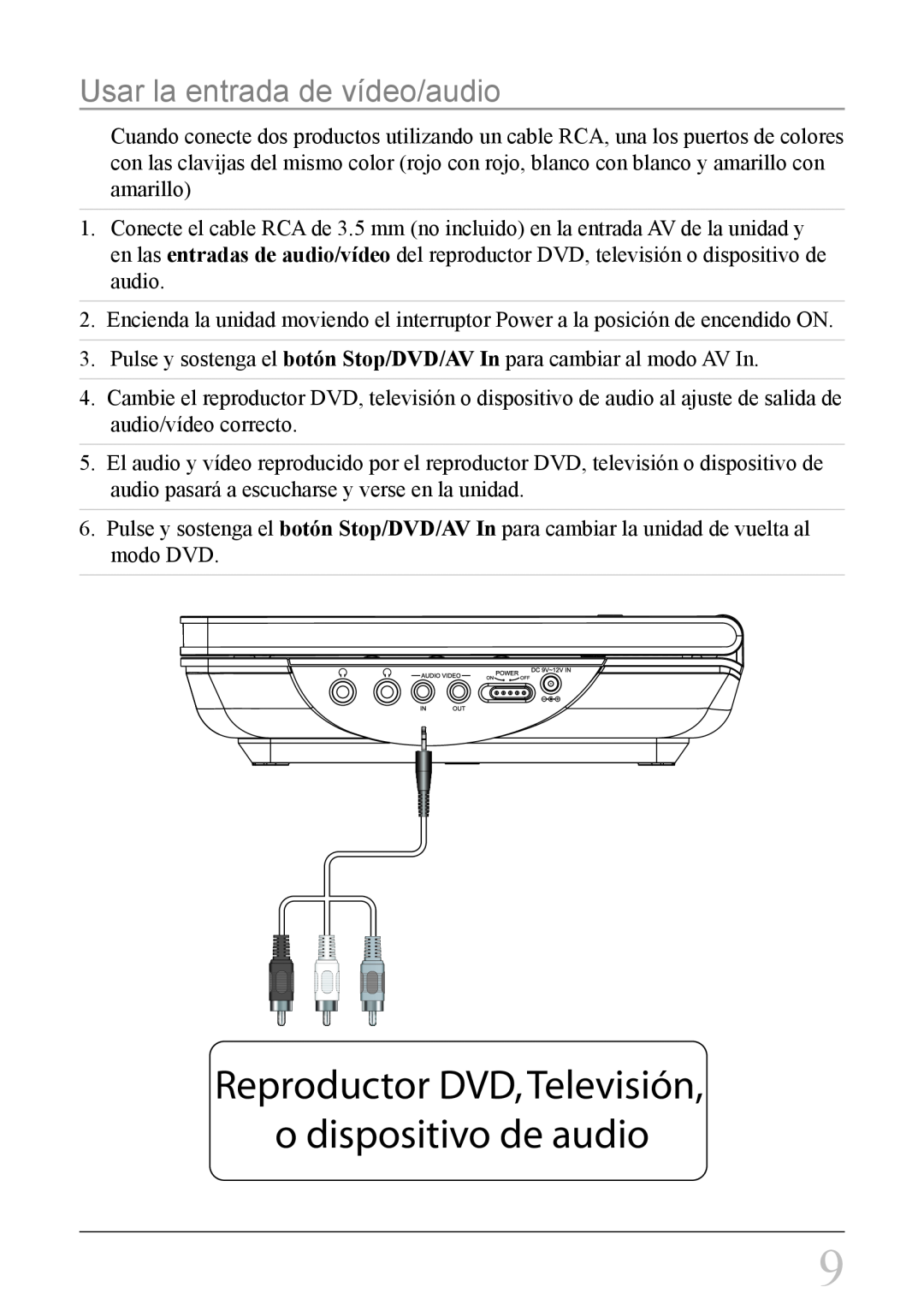 GPX PD708B manual Usar la entrada de vídeo/audio 