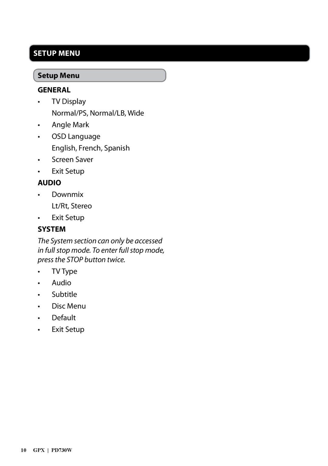 GPX PD730W, 1427-0601-10 manual Setup Menu, General 