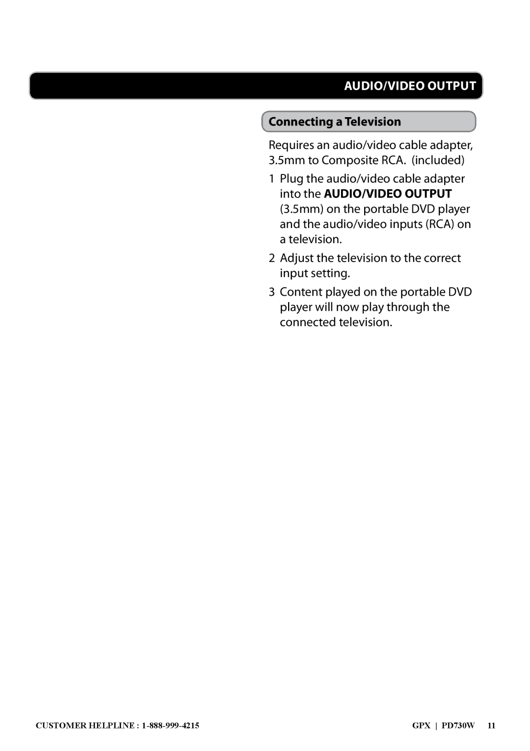 GPX 1427-0601-10, PD730W manual Connecting a Television 