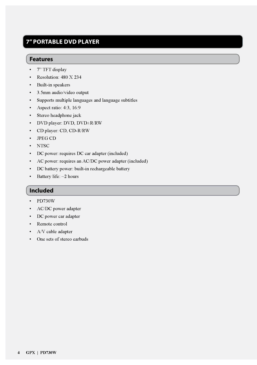 GPX PD730W, 1427-0601-10 manual Features, Included 