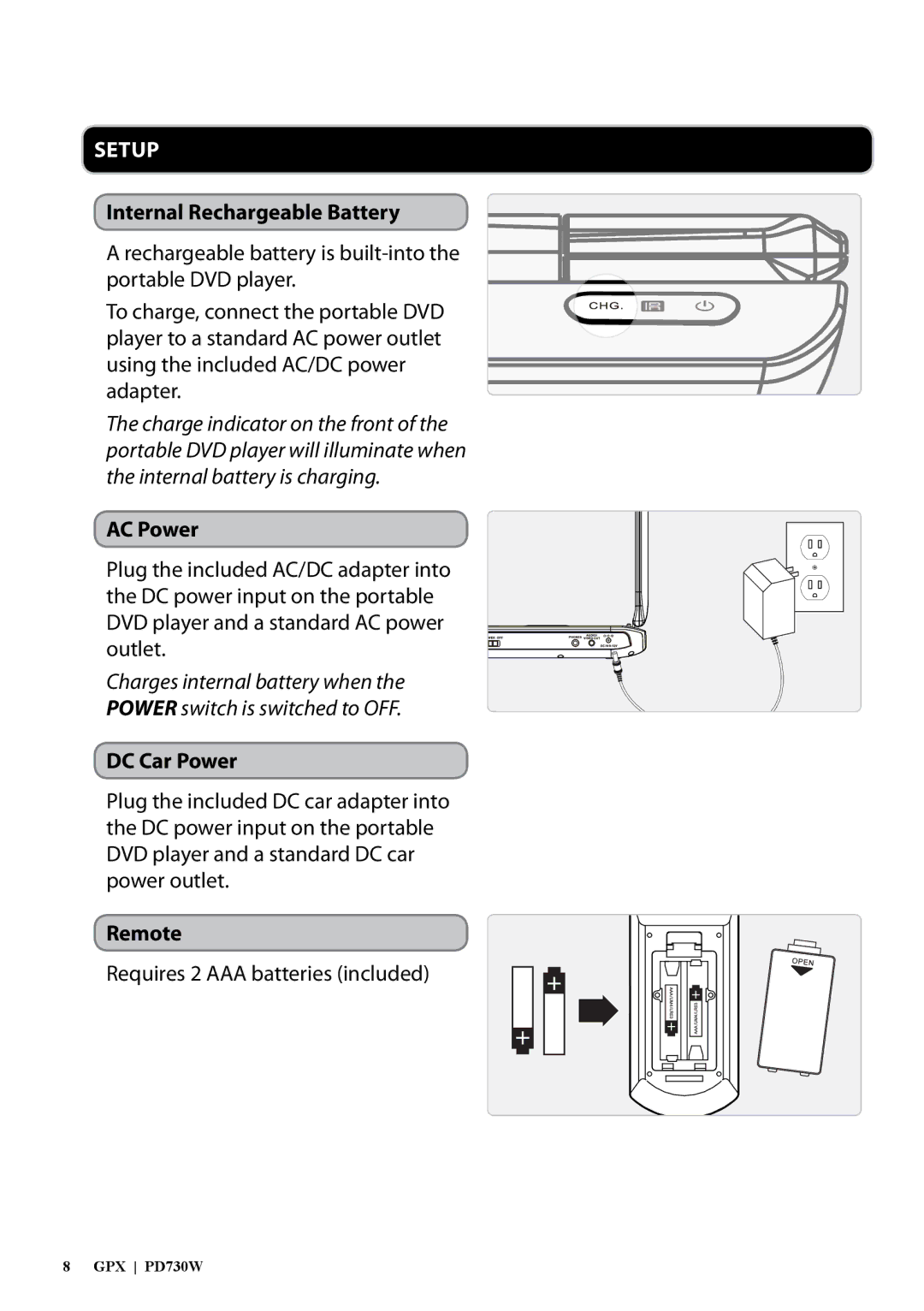 GPX PD730W, 1427-0601-10 manual Internal Rechargeable Battery, AC Power, DC Car Power, Remote 