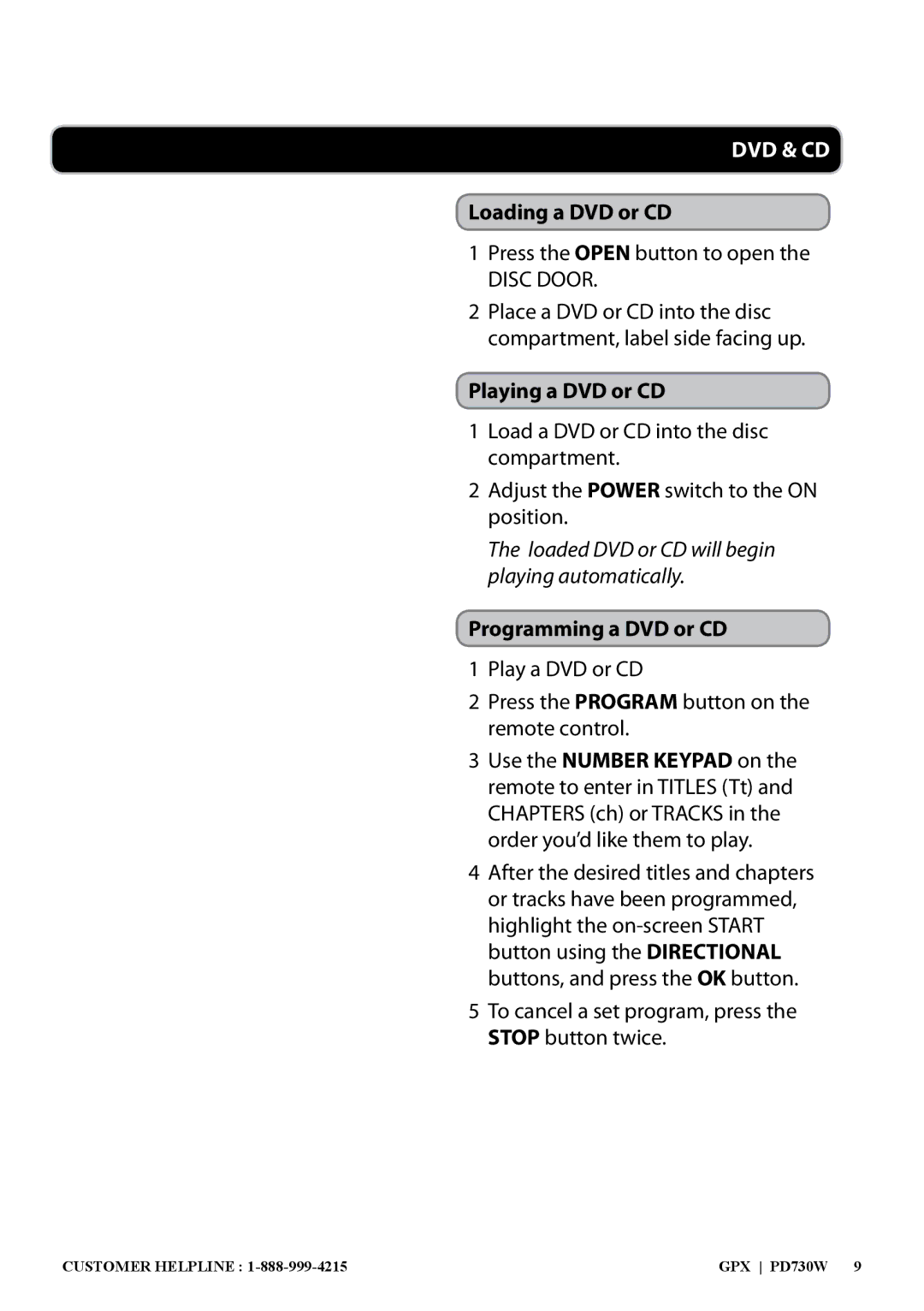 GPX 1427-0601-10, PD730W manual Loading a DVD or CD, Playing a DVD or CD, Programming a DVD or CD 