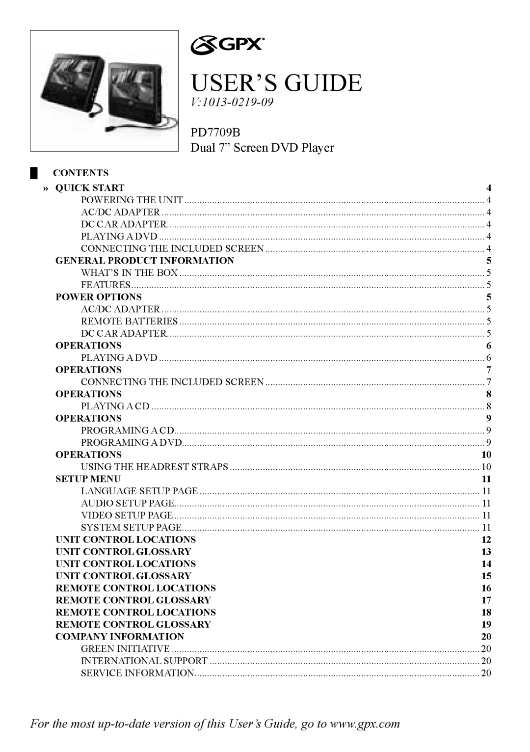 GPX manual USER’S Guide, PD7709B Dual 7 Screen DVD Player 