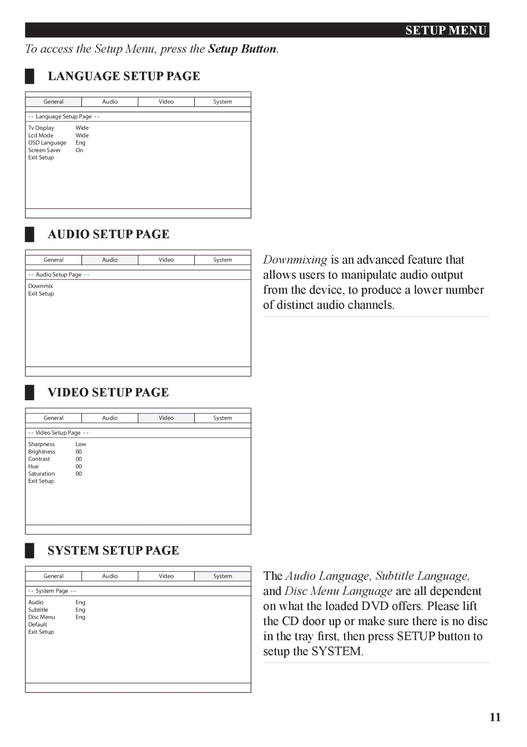 GPX PD7709B manual Setup Menu, Language Setup, Audio Setup, Video Setup, System Setup 