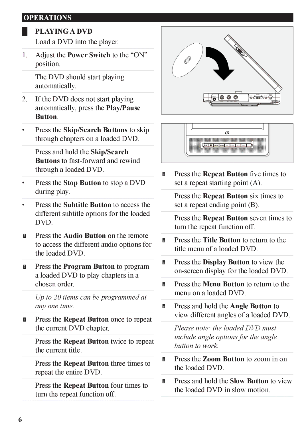 GPX PD7709B manual Operations, Up to 20 items can be programmed at any one time 