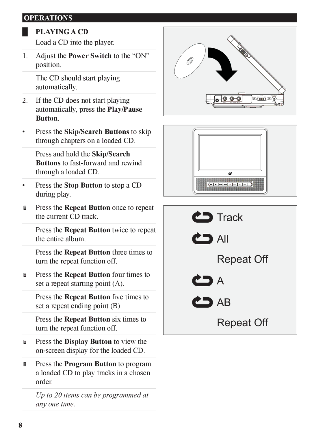 GPX PD7709B manual Track All Repeat Off, Playing a CD 