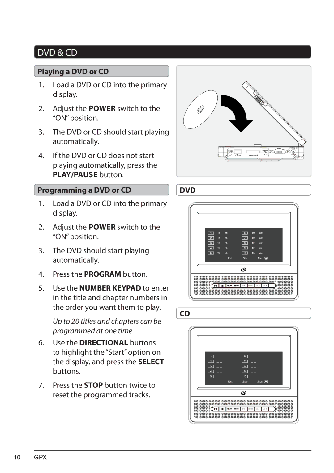 GPX PD7719B manual Playing a DVD or CD, Programming a DVD or CD 