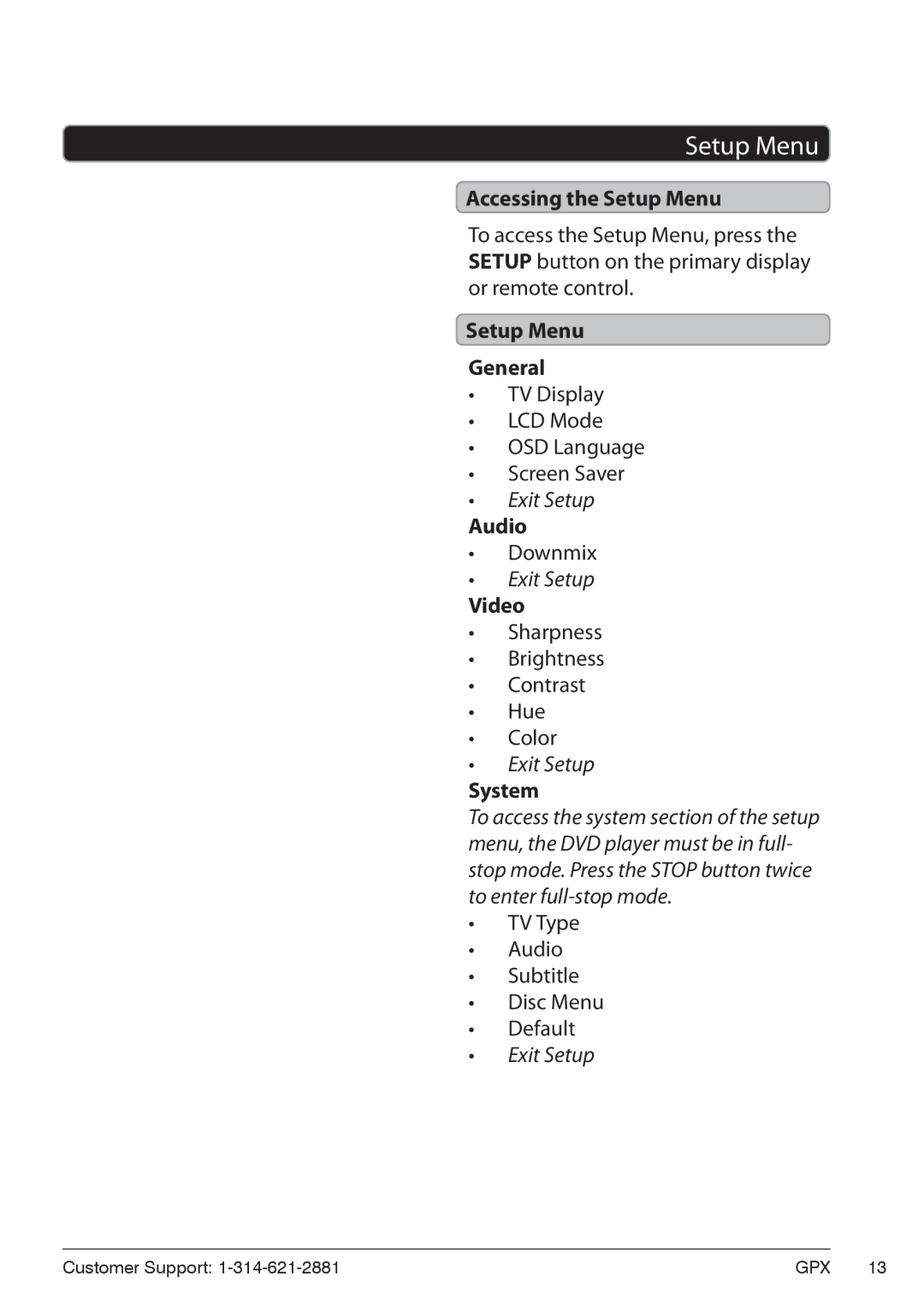 GPX PD7719B manual Setup Menu 