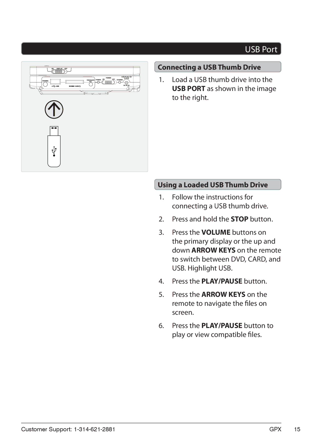 GPX PD7719B manual USB Port, Connecting a USB Thumb Drive, Using a Loaded USB Thumb Drive 