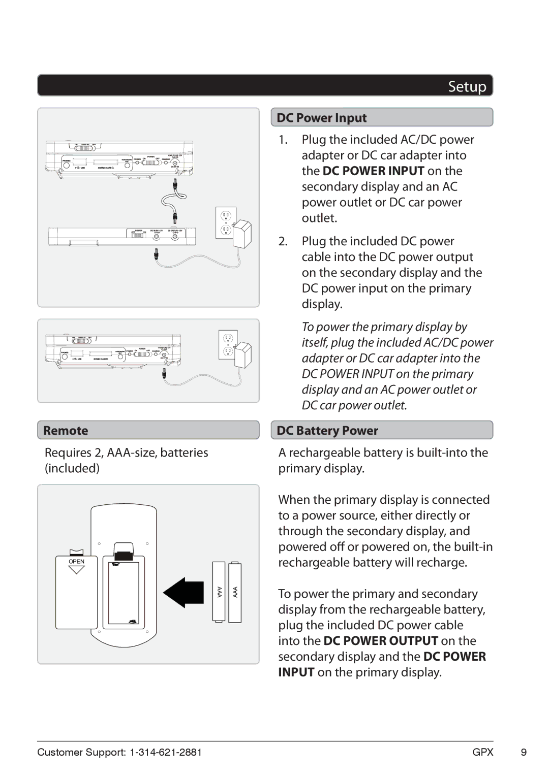 GPX PD7719B manual Setup, Remote, DC Power Input, DC Battery Power 