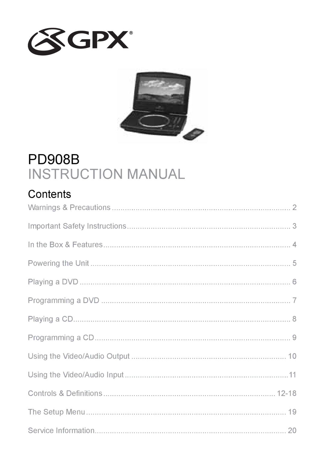 GPX PD908B instruction manual Contents 