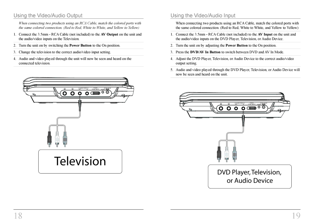 GPX PD908B instruction manual Using the Video/Audio Output, Using the Video/Audio Input 