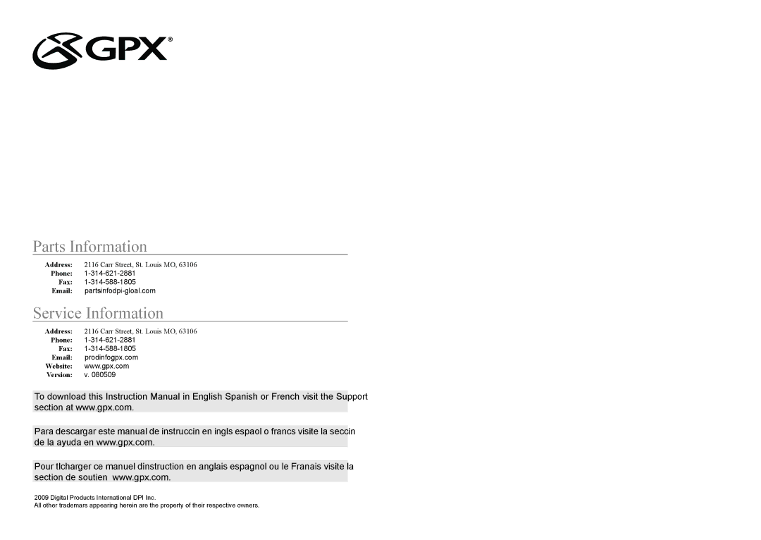 GPX PD908B instruction manual Parts Information 