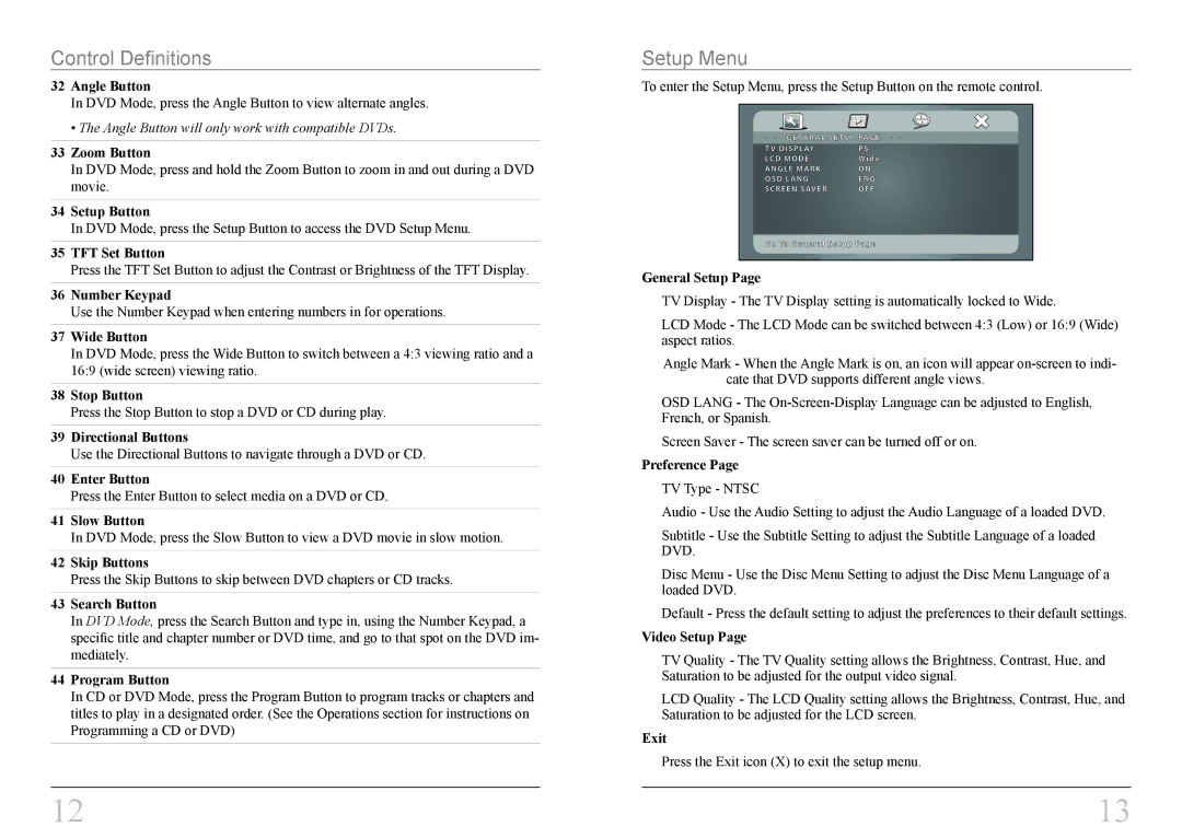 GPX PD908B instruction manual Setup Menu 