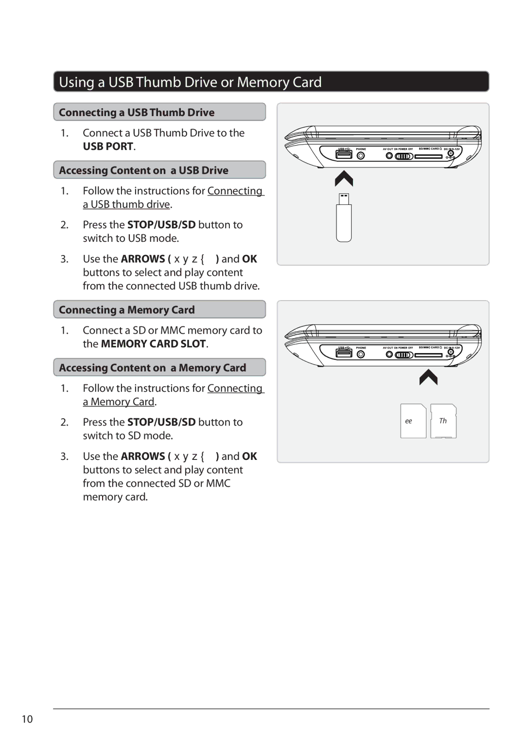 GPX PD931B/BU/R Using a USB Thumb Drive or Memory Card, Connecting a USB Thumb Drive, Accessing Content on a USB Drive 