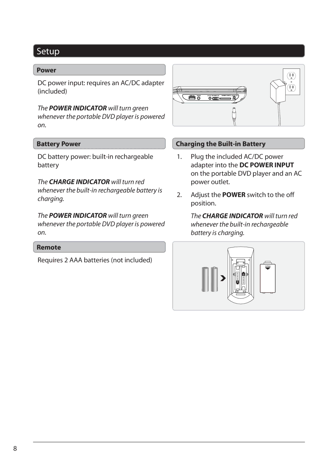 GPX PD931B/BU/R manual Setup, Battery Power, Remote, Charging the Built-in Battery 