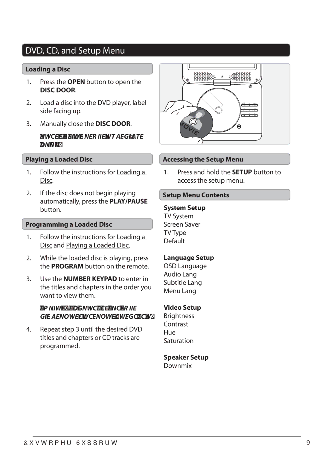 GPX PD931B/BU/R manual DVD, CD, and Setup Menu 